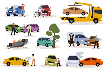 Car accidents set. Crash, collision at road traffic. Car damaged vehicle transportation. Drivers, pedestrians and broken auto, damaged transport, injured people after crush.