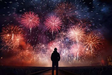 Fototapeta na wymiar A person standing on a bridge, gazing at a mesmerizing fireworks display. This image can be used to depict the joy and excitement of celebrations or to illustrate the beauty of fireworks at night.