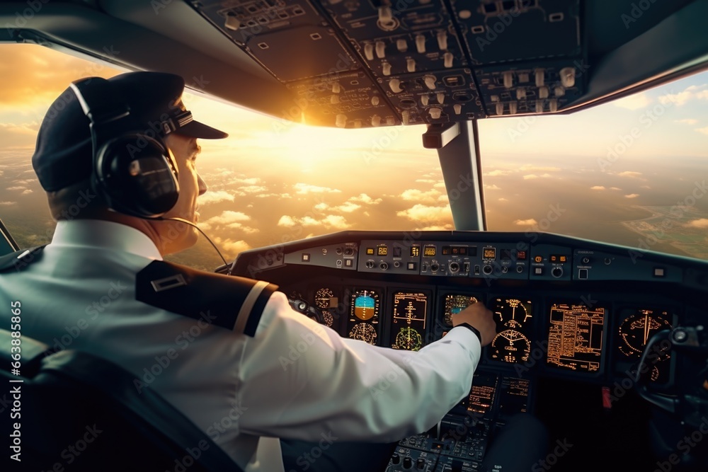 Poster A pilot seated in the cockpit of a plane, gazing out of the window. This image can be used to depict the perspective and experience of a pilot during a flight