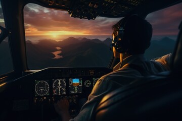 A man is seated in the cockpit of a plane. This image can be used to depict a pilot, aviation, or...