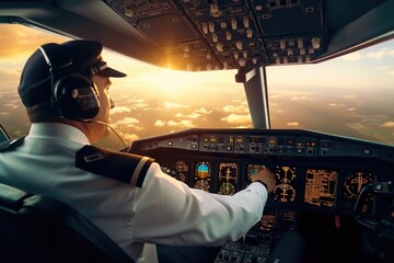 A pilot seated in the cockpit of a plane, gazing out of the window. This image can be used to...