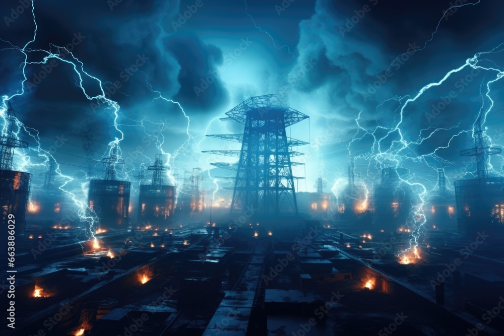 Poster A striking image of a city illuminated by multiple lightning strikes. 