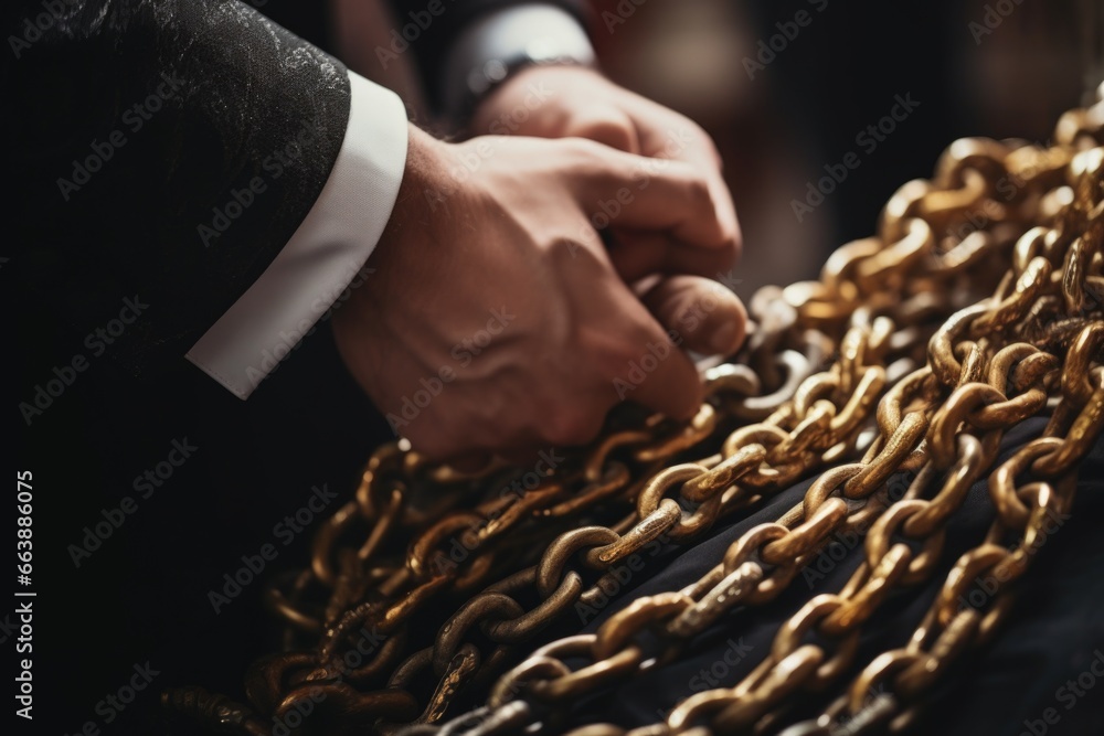 Poster A close up view of a person holding a chain. This image can be used to depict concepts such as strength, control, bondage, or connection.