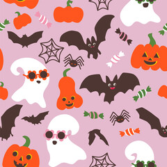 Fototapeta na wymiar Seamless halloween pattern with smiling pumpkins, cute bats, spiders, ghosts in glasses and bright candies on pink background. Could be used as print, wrapping, wallpaper.