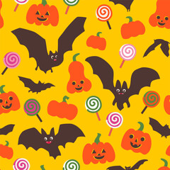 Seamless halloween pattern with smiling pumpkins, cute bats and bright candies on yellow background. Could be used as print, wrapping, wallpaper.
