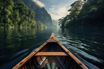 A person in a canoe navigating a calm river. This picture can be used to depict outdoor activities, water sports, and leisurely adventures