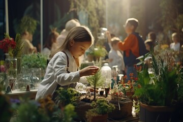 A little girl is captivated as she gazes at the plants inside a jar. This image can be used to depict curiosity, nature, learning, or the beauty of simplicity. - obrazy, fototapety, plakaty