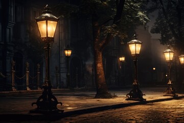 A row of street lamps sitting on the side of a road. This image can be used to depict urban...