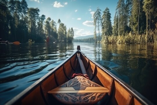 A canoe with a pillow placed on the front. This image can be used to depict a relaxing and peaceful outdoor experience