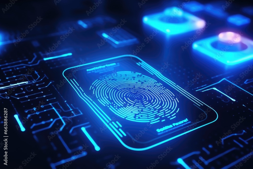 Poster A detailed close-up of a fingerprint on a circuit board. This image can be used to represent cybersecurity, digital forensics, or technology concepts