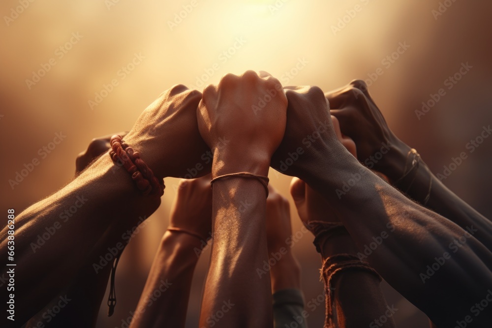 Poster A group of people joining hands in unity and teamwork. This image can be used to represent collaboration, teamwork, support, community, or friendship