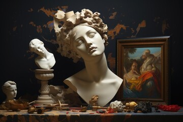 A bust of a woman sitting next to a painting. This image can be used to depict art appreciation, creativity, or art history