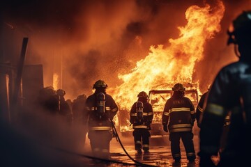 Obraz premium A group of firefighters standing in front of a fire. This image can be used to depict teamwork, emergency response, and firefighting efforts