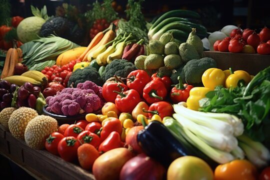 A table filled with a variety of fresh fruits and vegetables. This image can be used to showcase healthy eating, farm-to-table concepts, grocery shopping, or cooking with fresh ingredients