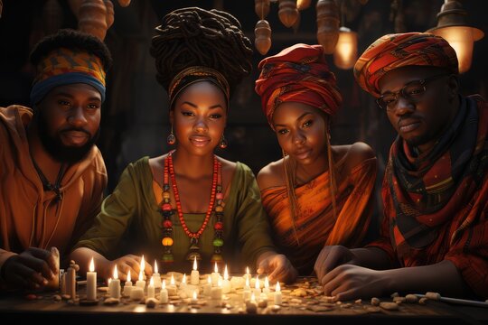 Kwanzaa: African American cultural celebration that honors African heritage and unity, self-determination, collective work and responsibility, cooperative economics, purpose, creativity, and faith.