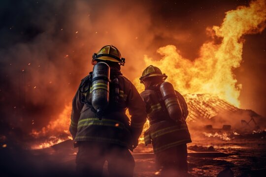 A group of firefighters standing in front of a fire. This image can be used to depict bravery, teamwork, and emergency response