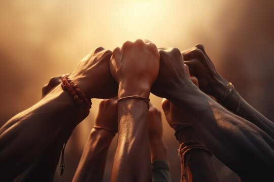 A group of people joining hands in unity and teamwork. This image can be used to represent collaboration, teamwork, support, community, or friendship