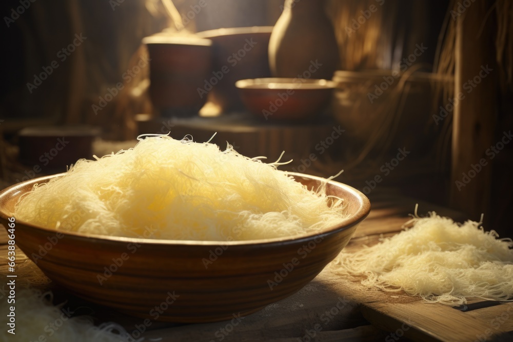 Poster a bowl of shredded cheese placed on a table. this image can be used in various cooking and food-rela