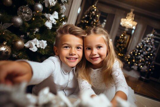 Cute children take selfie under winter trees in decoration Christmas. Celebration interior tiny recent. Generate Ai