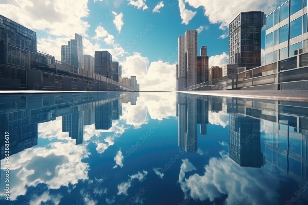 Poster a captivating image capturing the reflection of buildings in a pool of water. this versatile picture