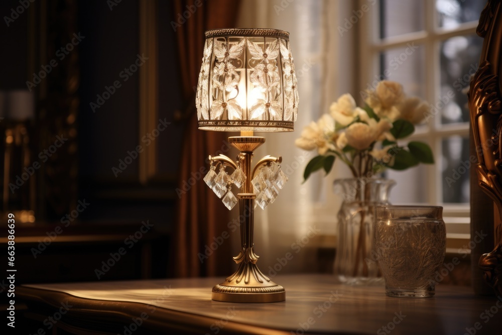 Poster a table with a lamp and vases on it. can be used as a decorative element in interior design