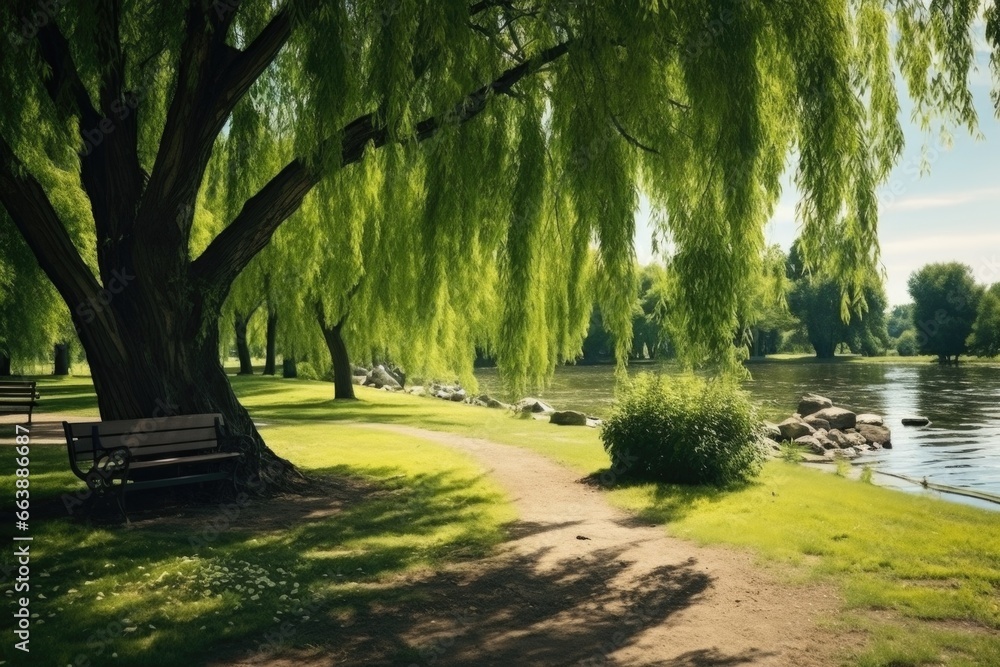 Poster a serene park bench located next to a beautiful body of water. this image can be used to depict tran