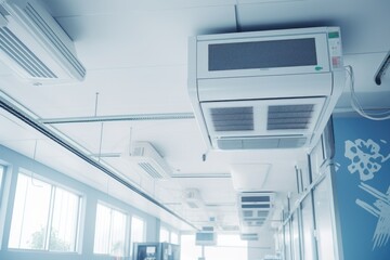 An air conditioner is hanging from the ceiling. This versatile image can be used to illustrate cooling systems, home improvement, or energy efficiency concepts