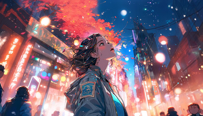 夜の街とアートと上を向く女性