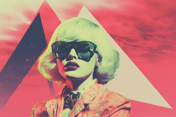 Trendy young woman in trendy sunglasses looking at camera while standing against colorful sky with bright glowing shapes. Generative AI. Risograph style