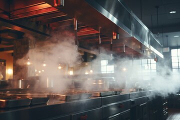 Steam rises from the hood of a commercial kitchen. This image can be used to depict a busy restaurant kitchen or food preparation in a professional setting - obrazy, fototapety, plakaty