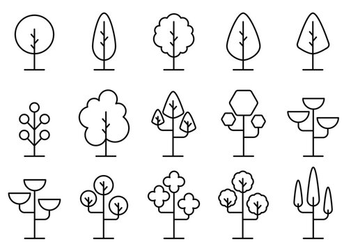 Tree Vector Line Icon Set. Naturally beautiful symbol, wooden trunk and outline branches for map. Vector illustration. Editable stroke.