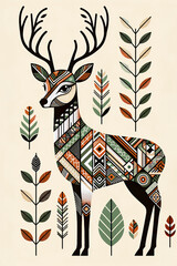 Elegant Deer with Tribal Patterns Amidst Forest Foliage