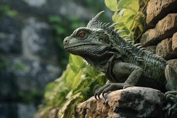 Fototapeta premium A lizard perched on top of a stone wall. This image can be used to depict reptiles, nature, wildlife, or outdoor environments.