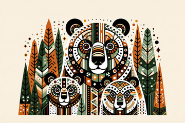 Tribal Bears Surrounded by Patterned Forest and Symbols