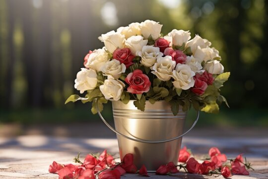 A beautiful arrangement of flowers in a metal bucket placed on top of a rustic wooden table. This image can be used to add a touch of natural beauty and charm to various projects and designs.