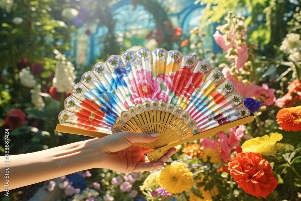 Poster A person holding a colorful fan in front of a vibrant display of flowers. Perfect for adding a pop of color to any project or design.