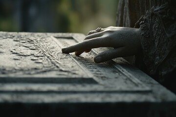 A close-up view of a person's hand resting on a grave. 