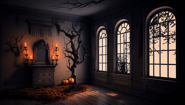Halloween Deko Vorlage leerer Raum Party zu Halloween Gespenster Gruselschloss Gespensterschloss Generative AI 