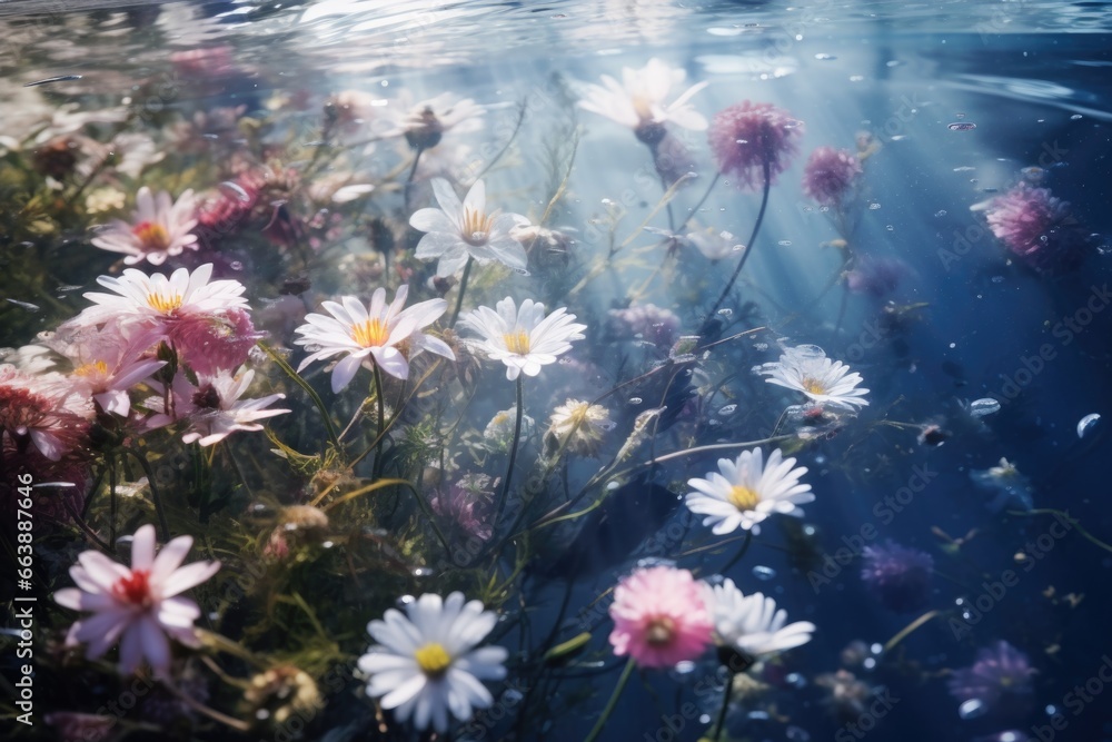 Poster a beautiful arrangement of flowers floating in water. perfect for adding a touch of elegance to any 