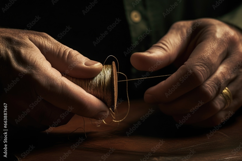 Poster a close-up view of a person tying a thread. this image can be used to depict various concepts such a