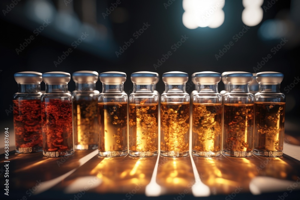Aufkleber A row of bottles filled with different types of spices. This versatile image can be used to enhance culinary blogs, recipe books, or food-related articles.