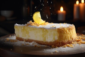 A delicious piece of cake topped with a fresh lemon slice. This image can be used to showcase desserts, baking, or as a tempting treat for food blogs or menus.