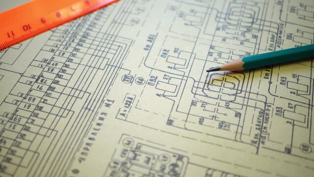 Old engineering drawing of the electrical supply of an industrial building. Close-up diagram. Macro.