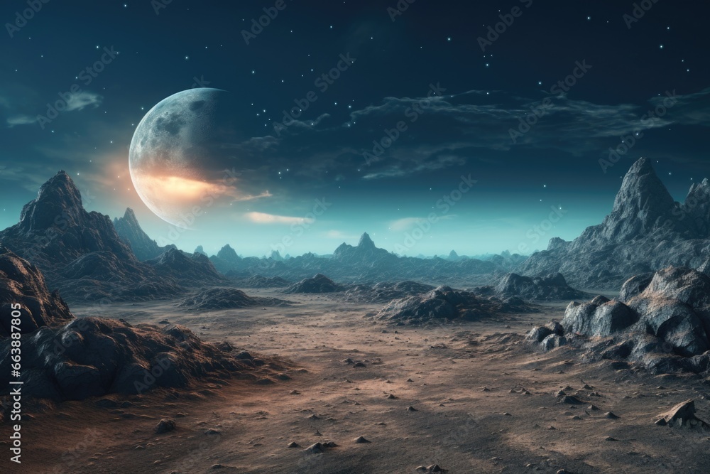 Poster An otherworldly landscape featuring a planet in the distance. This image can be used to depict an alien world or outer space exploration.