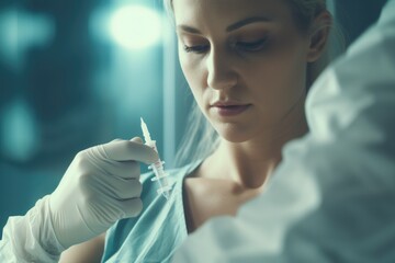 A woman dressed in a hospital gown is holding a syringe. This image can be used to depict medical procedures, healthcare, vaccinations, or patient care.