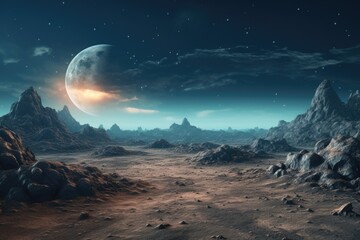 An otherworldly landscape featuring a planet in the distance. This image can be used to depict an...