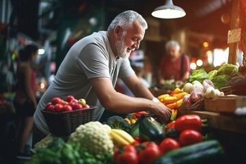 A man carefully chooses fresh vegetables at a vibrant market. This image is perfect for...