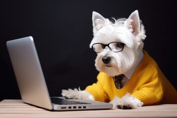 West Highland white terrier dog wearing a yellow sweater and tie works at the computer