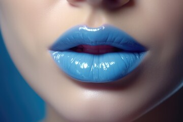 A close-up view of a woman's lips adorned with vibrant blue lipstick. 