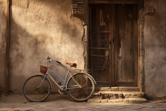 A picture of a bicycle parked in front of a building. This versatile image can be used to depict urban transportation, city life, or eco-friendly commuting options.